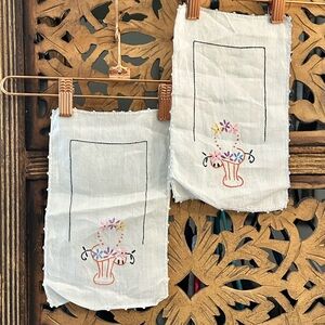 Vintage Pair of His and Hers Handmade Floral Embroidered Crocheted Hand Towels.